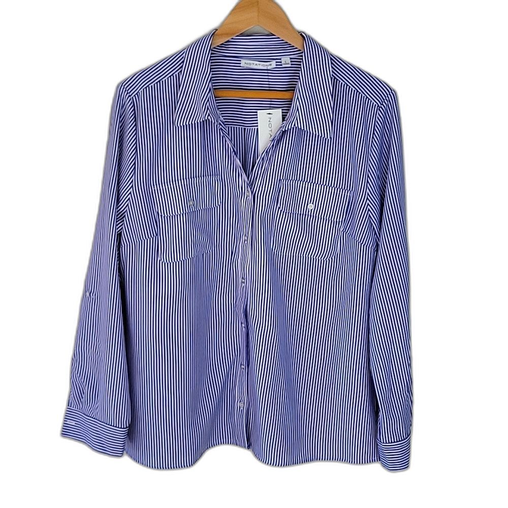 Notations Blue White Striped Long Sleeve Button Down Blouse size L Roll Tab NWT